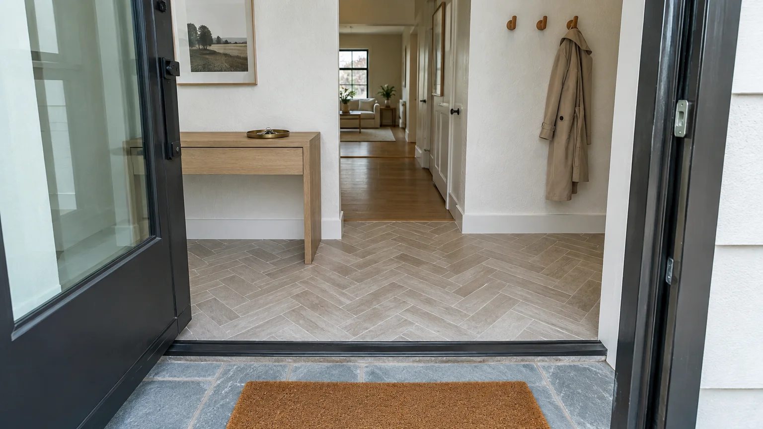 View through an open front door showing a doormat, herringbone tile floor, wooden console table, and coat hook.
