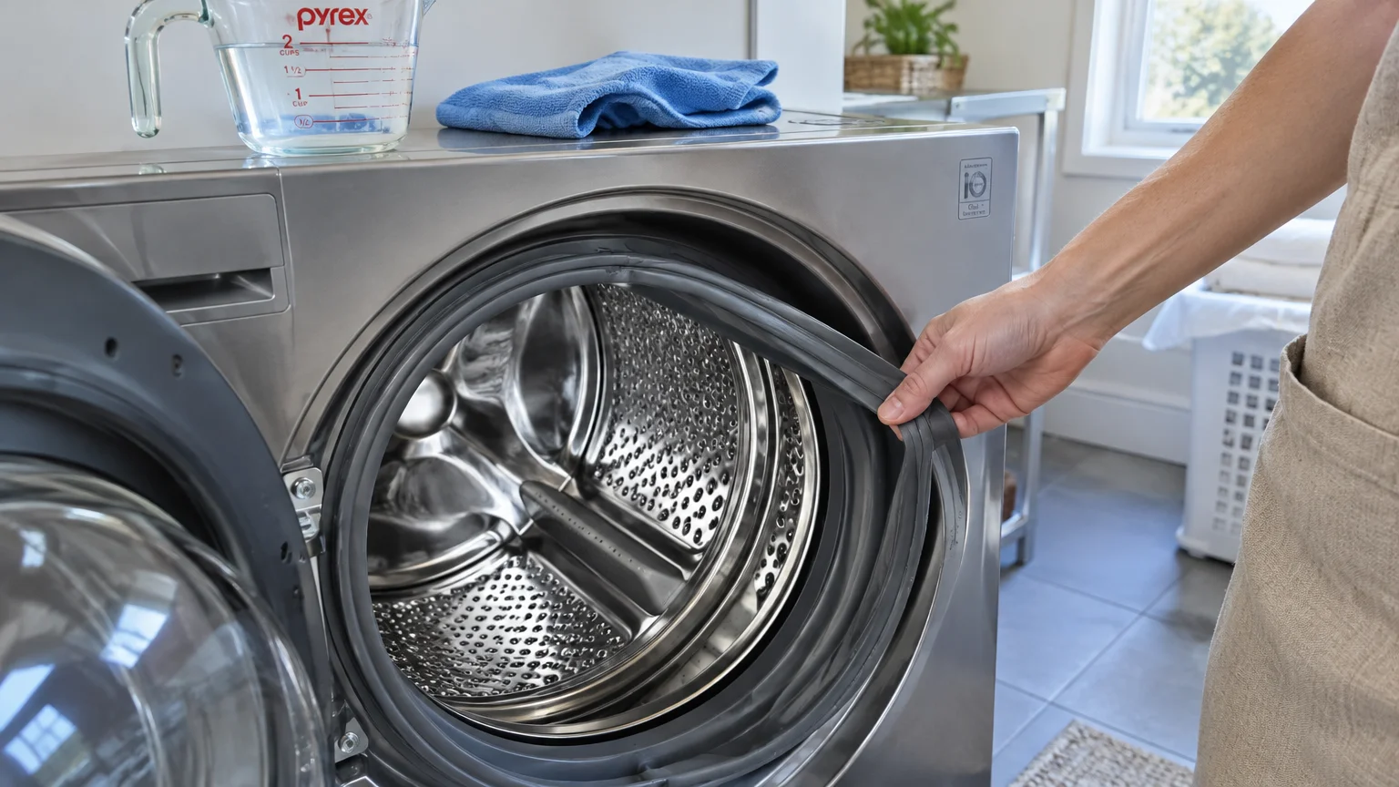 A person peeling back the rubber door seal of an open front-loading washing machine, with a measuring cup on top.