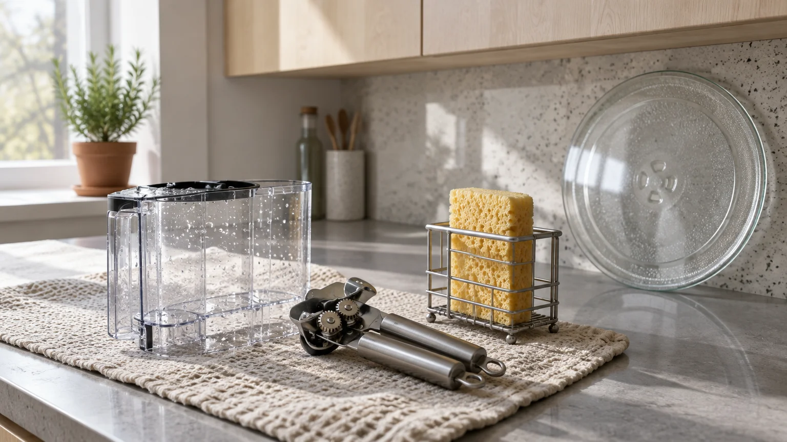 A drying mat holds a clear water reservoir, can opener, yellow sponge in a caddy, and a glass microwave turntable.