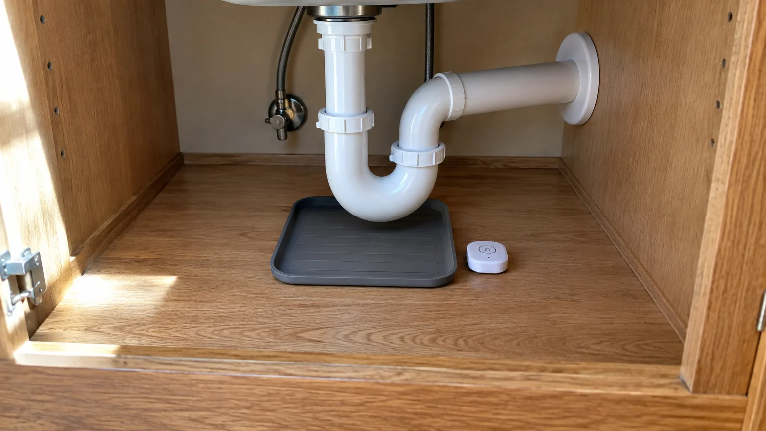 Empty wooden cabinet beneath a sink with white P-trap plumbing, a small grey drip mat, and an electronic leak detector.