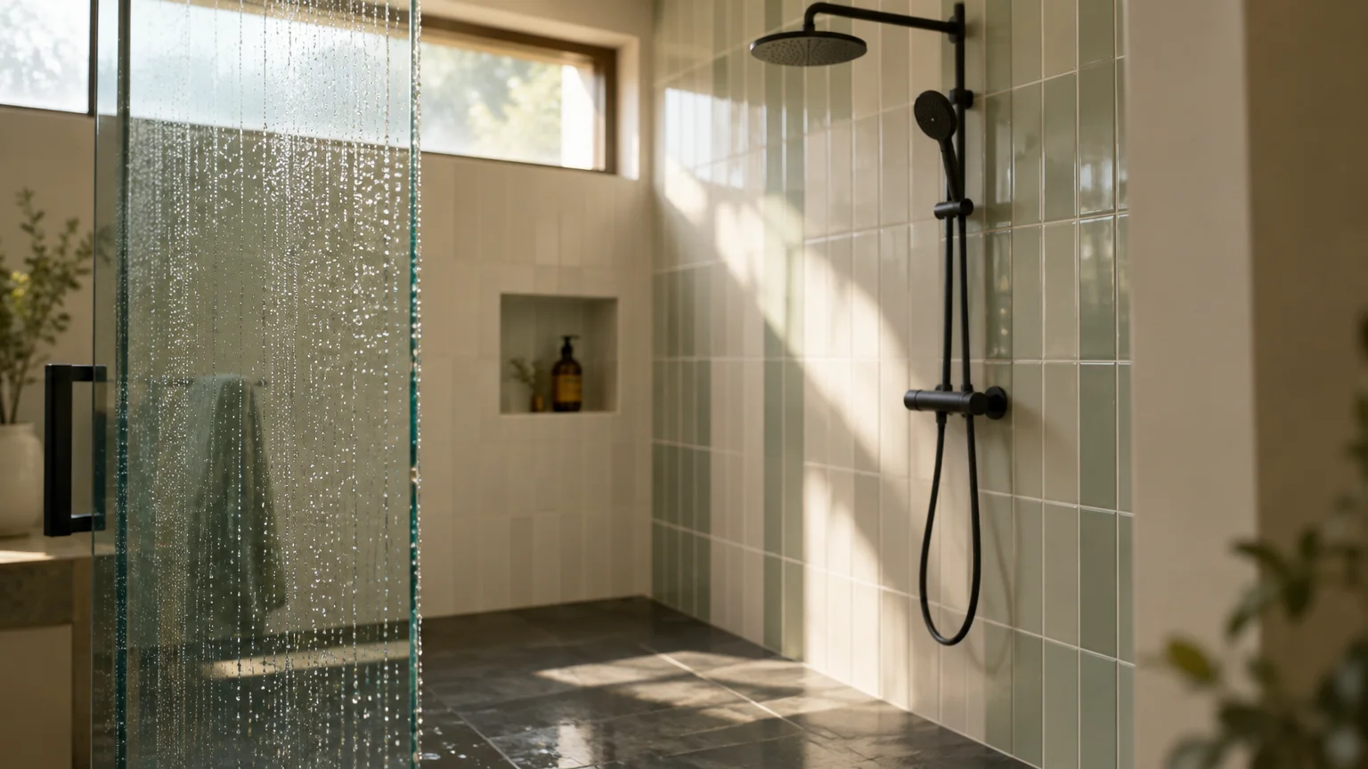A modern walk-in shower featuring pale green vertical wall tiles, a black showerhead fixture, and a wet glass door.