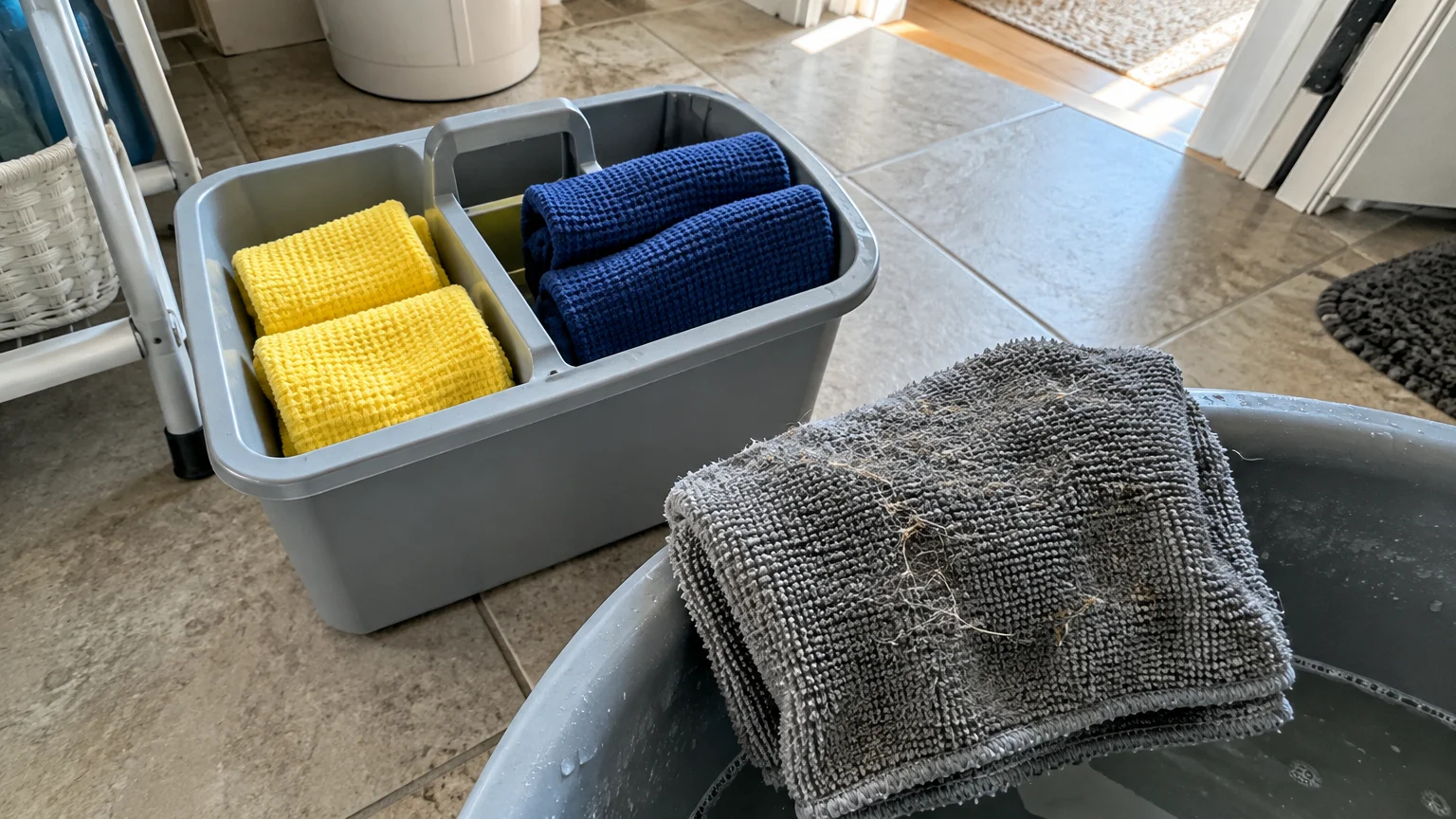 A cleaning caddy holding folded yellow and blue cloths sits on a tile floor next to a bucket with a damp grey rag.