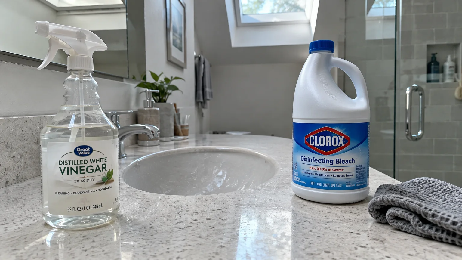 A spray bottle of distilled white vinegar and a jug of Clorox disinfecting bleach sit on a bathroom vanity countertop.