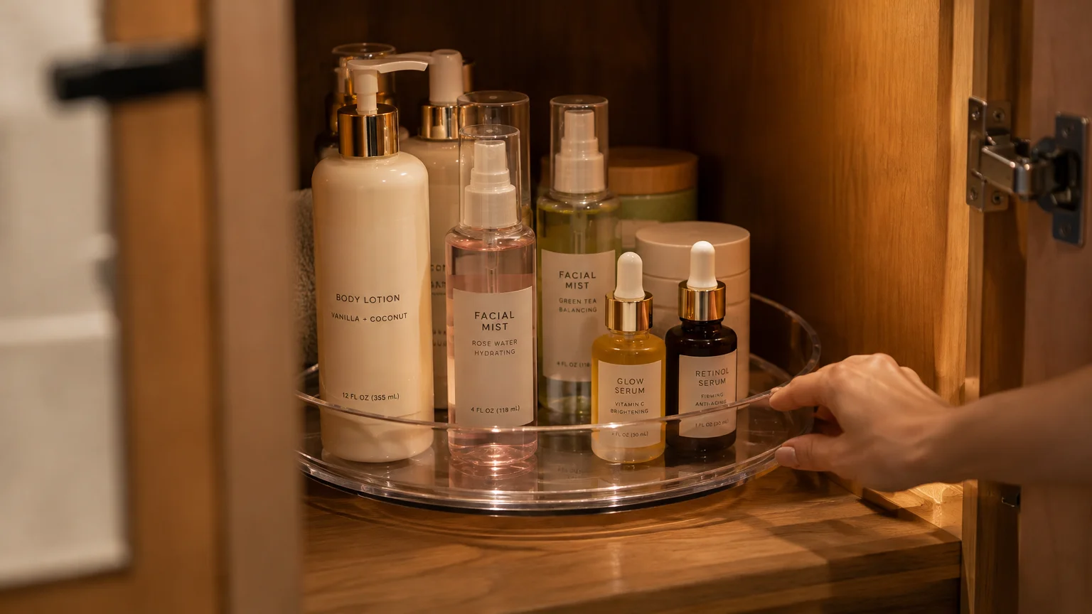 Hand spinning a clear plastic turntable filled with skincare bottles and serums inside a wooden bathroom cabinet.