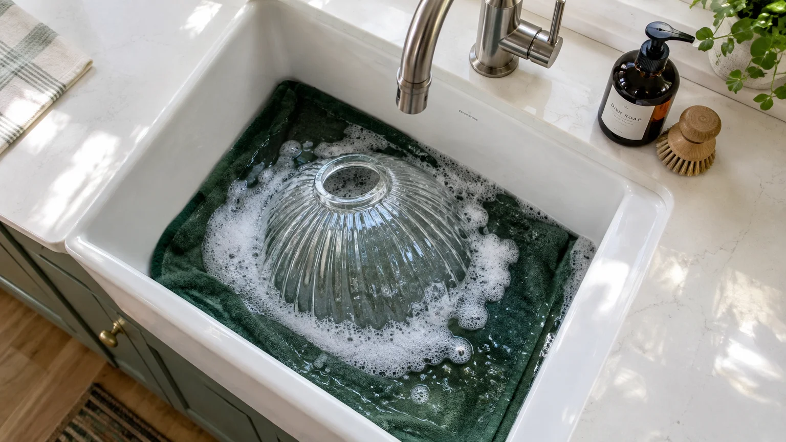 A ribbed glass light shade soaks in a soapy, towel-lined white sink beside a dish soap bottle.