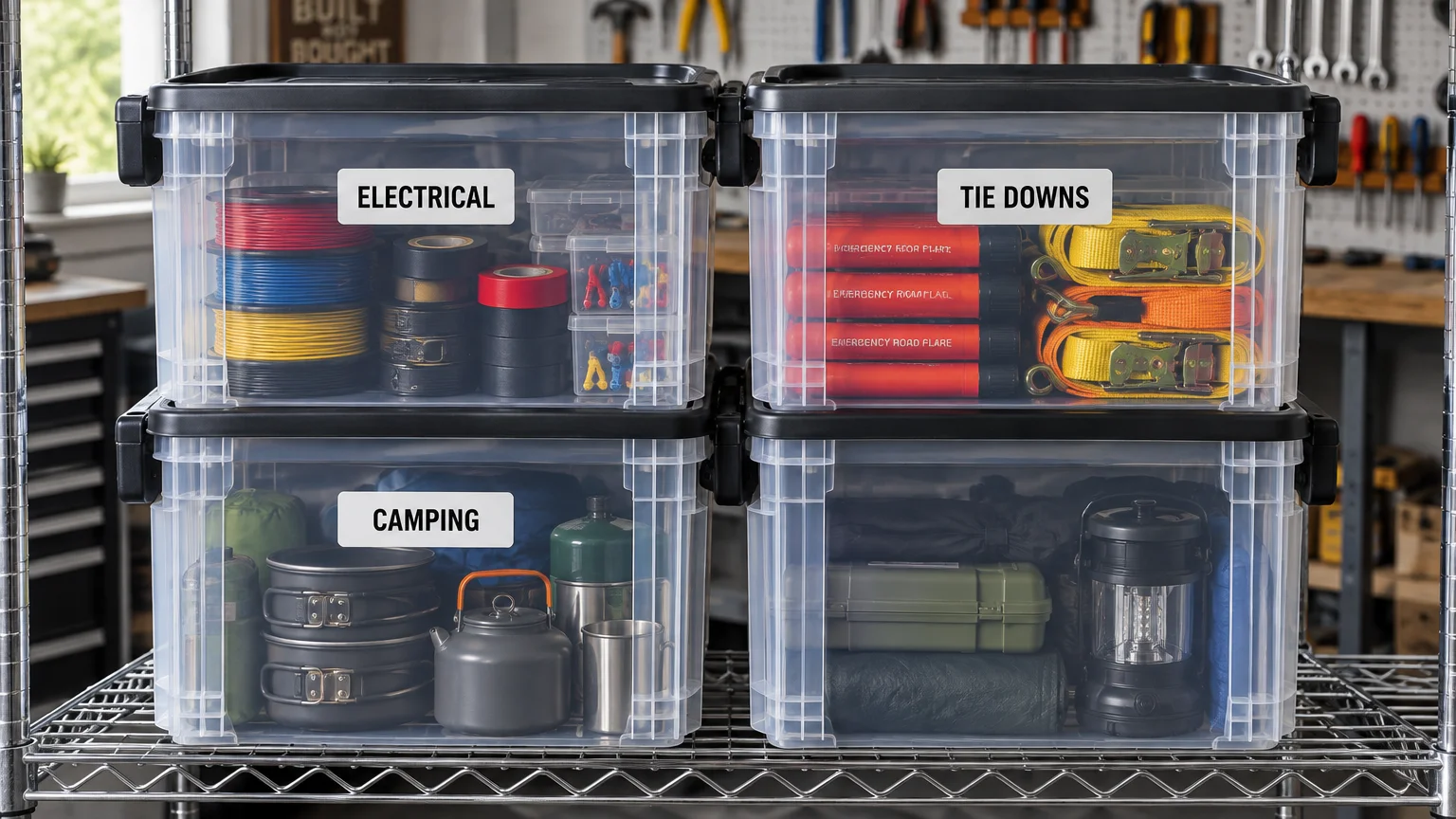 Four clear plastic storage totes with black latching lids stacked on wire shelving, filled with organized garage supplies.