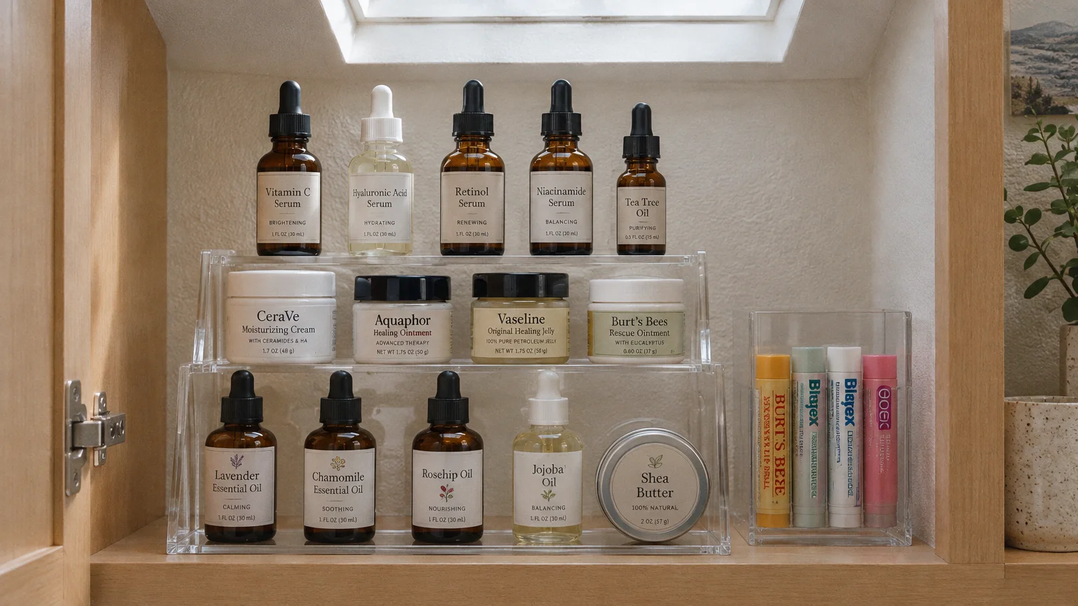 Skincare bottles and jars neatly arranged on a three-tier acrylic riser next to lip balms inside a wooden cabinet.