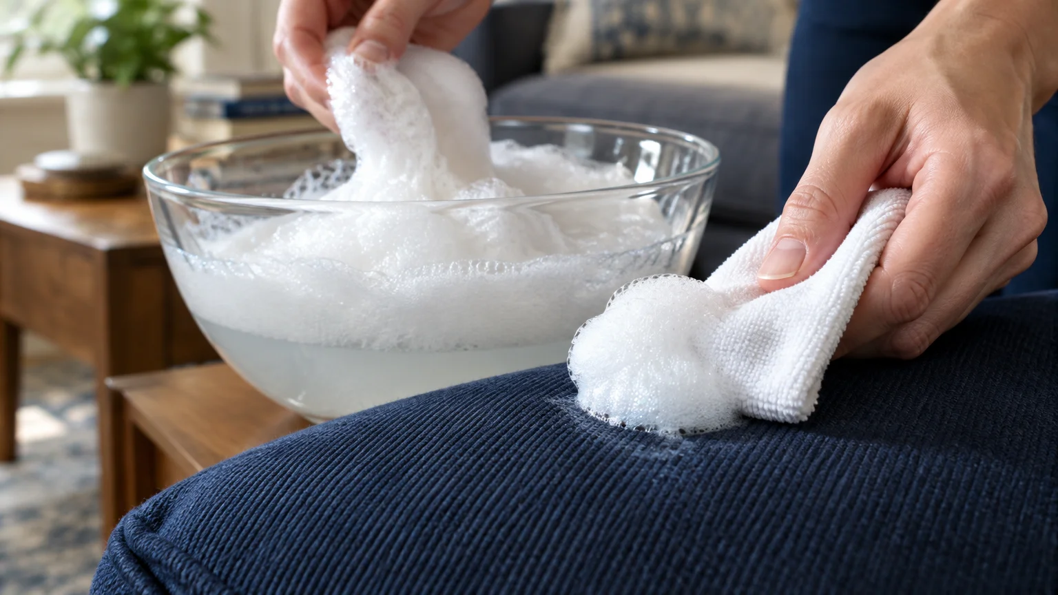 Hands using a white microfiber cloth to apply soap foam from a clear glass bowl onto a navy blue ribbed couch cushion.