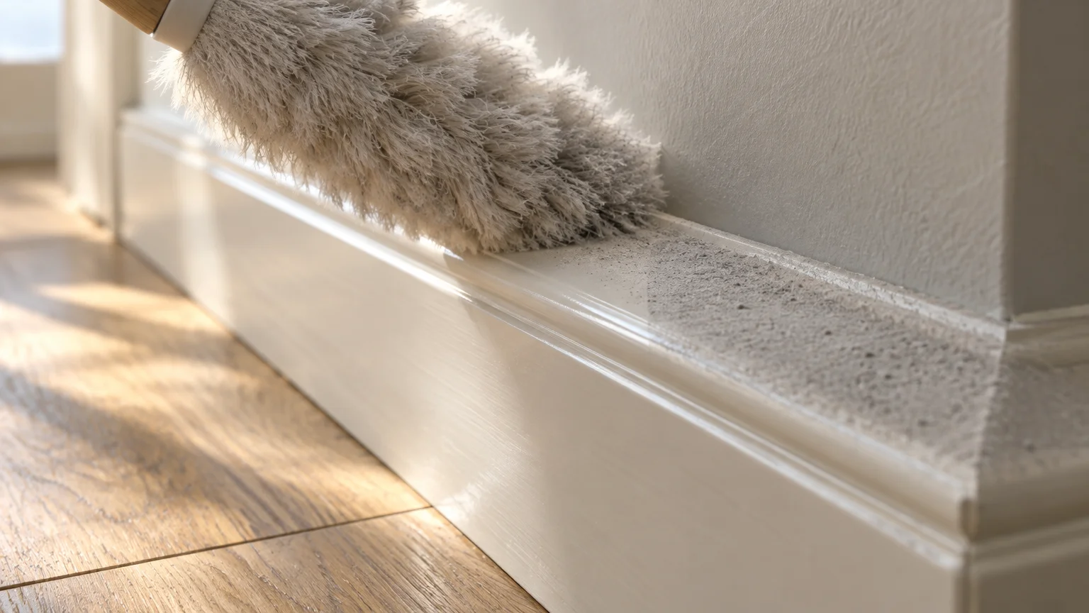 A fluffy duster cleaning a thick layer of grey dust off a white wooden baseboard along a wall.