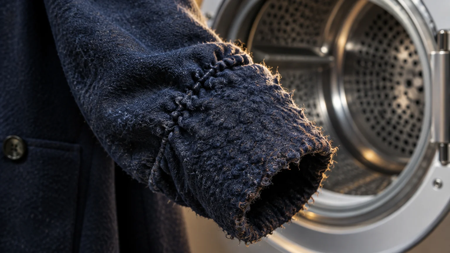 Close-up of a shrunken, heavily pilled navy blue wool coat sleeve held in front of an open dryer drum.