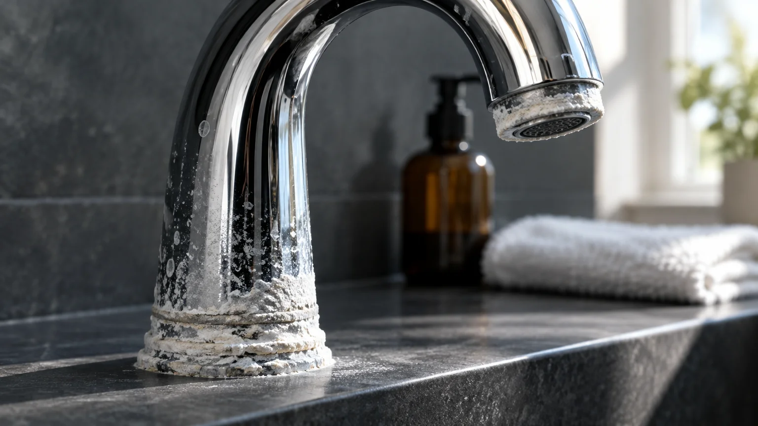 Thick white mineral limescale and crust buildup on the base and spout of a chrome bathroom faucet.