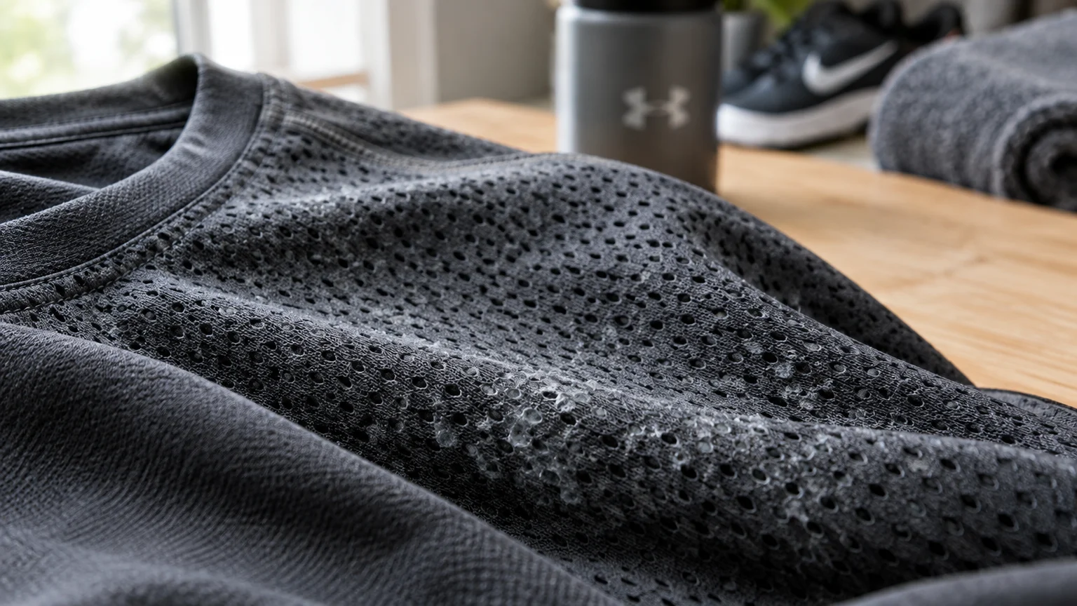 Close-up of black perforated athletic mesh fabric with soapy residue, resting on a table near gym gear.