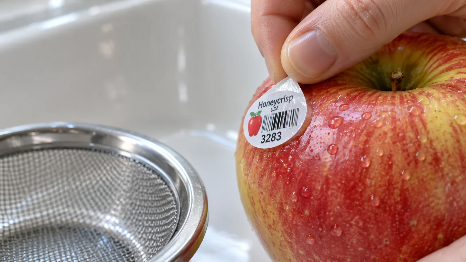 A hand peels a barcode sticker from a wet red apple beside a stainless steel sink strainer.