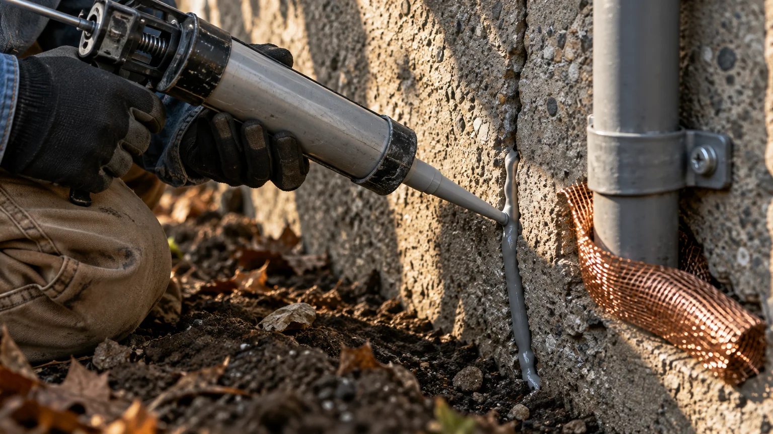 Person using a caulking gun to apply gray sealant into a vertical crack in a concrete foundation wall next to a pipe.