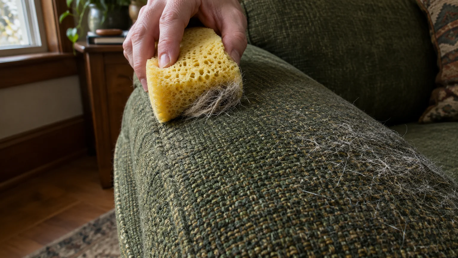 A hand pressing a yellow porous sponge against a textured green sofa armrest to sweep up pet hair.