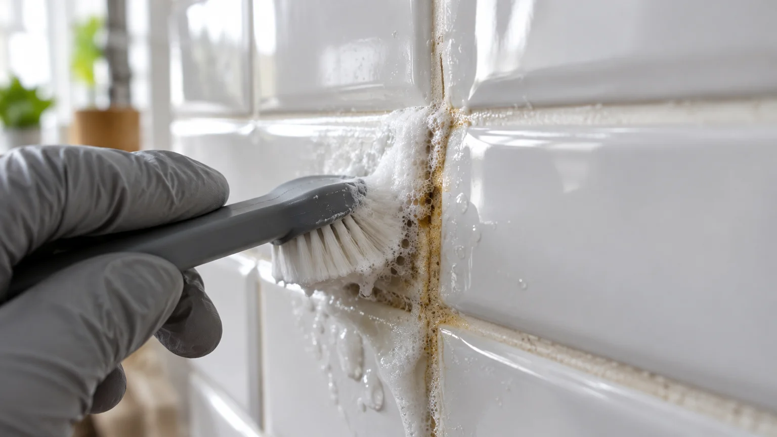 Gloved hand scrubbing dirty grout between white subway tiles using a small bristle brush and soapy foam.
