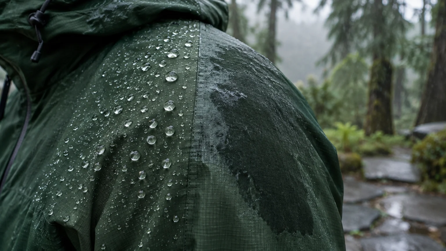 Rain droplets beading on the shoulder of a green waterproof jacket beside a patch of fabric soaked through with water.