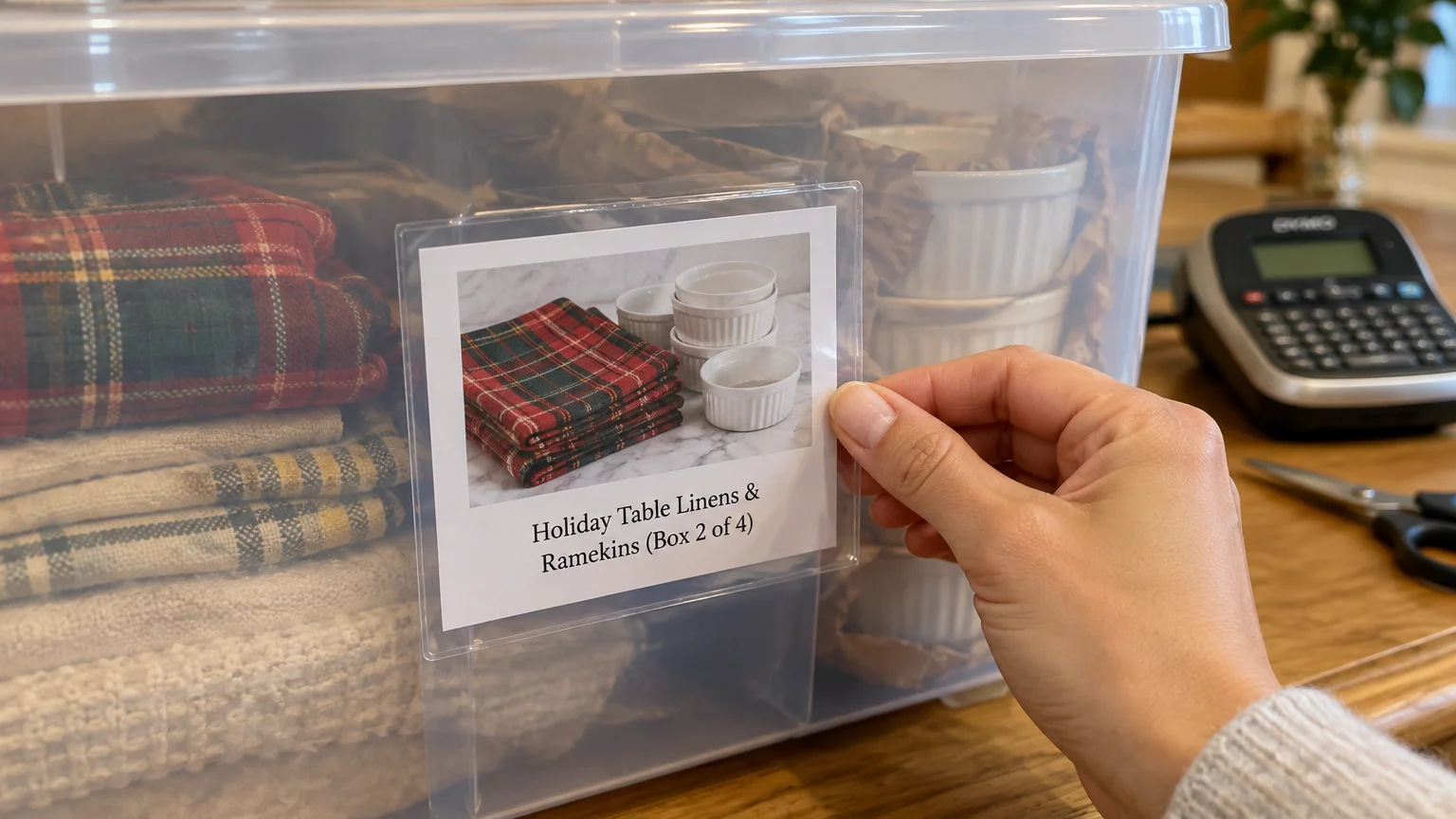 Hand sliding a printed photo card reading Box 2 of 4 into a clear label pouch on a plastic storage tote.