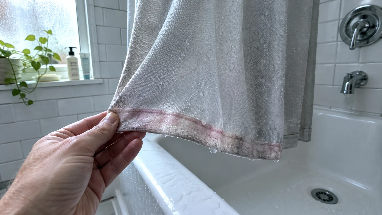A hand holding the wet bottom hem of a white shower curtain discolored with pink and dark stains above a bathtub.