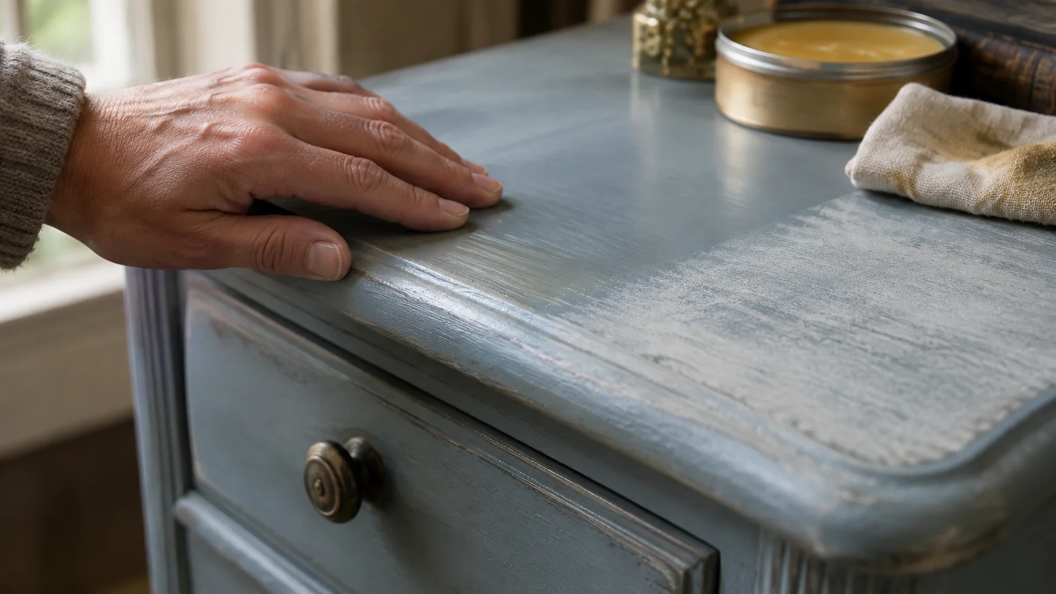 A hand rests on the worn top of a painted blue wooden nightstand beside an open tin of wax and a cloth.