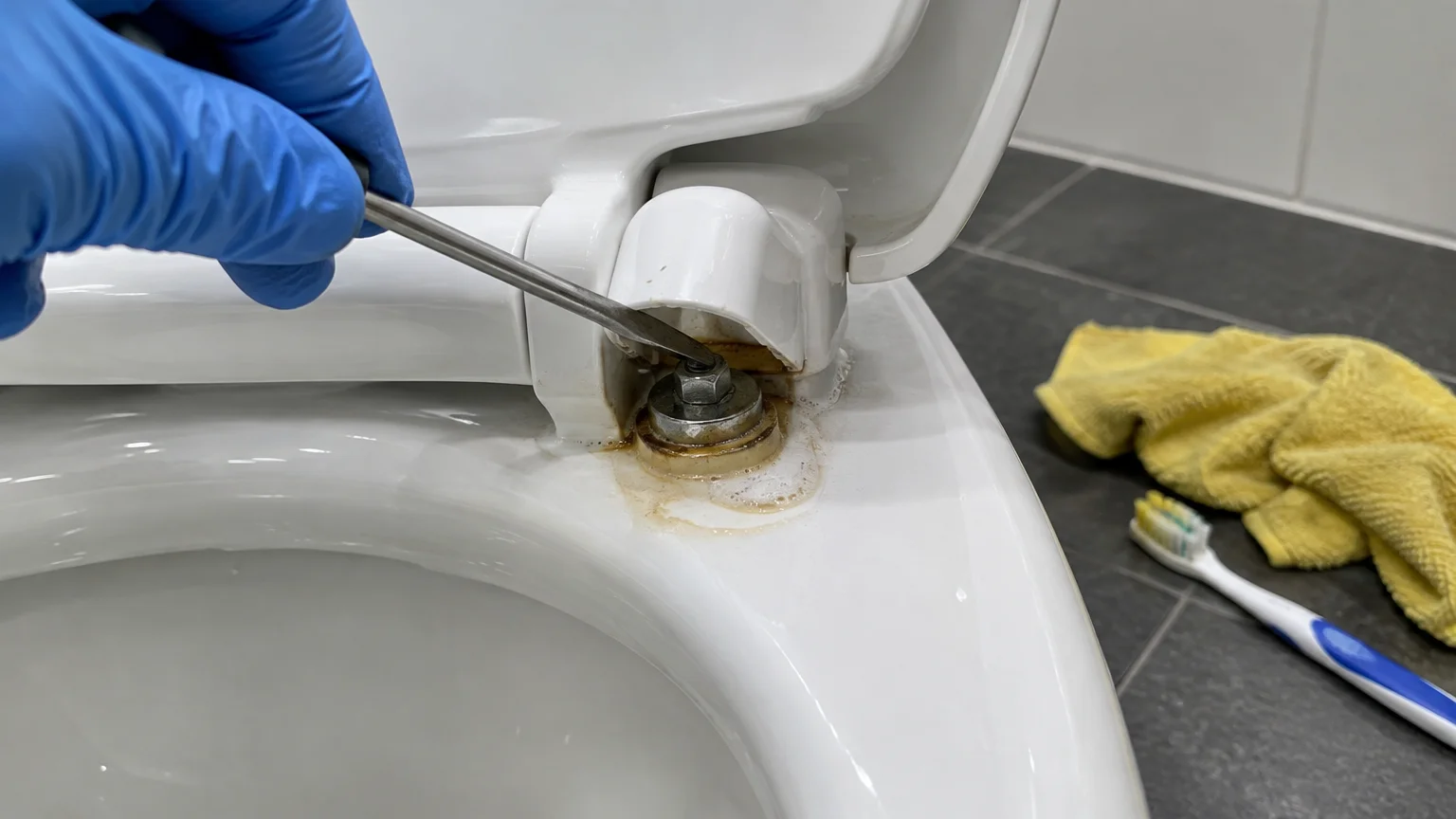 A gloved hand uses a flathead screwdriver to lift a toilet seat hinge cover, revealing dirty residue beneath.