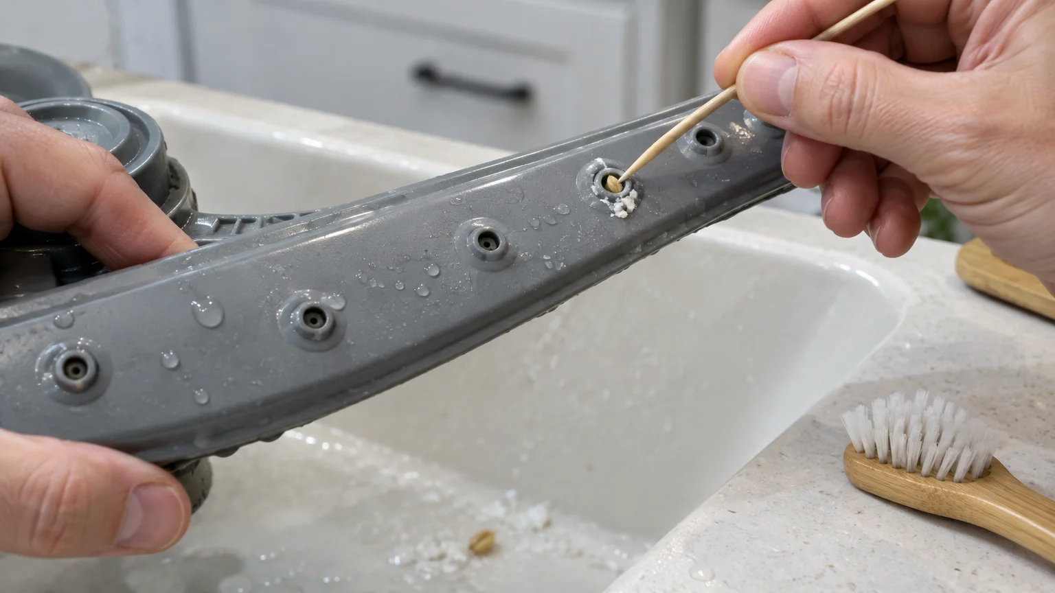 Hands using a toothpick to unclog debris from the nozzle of a grey dishwasher spray arm over a sink.