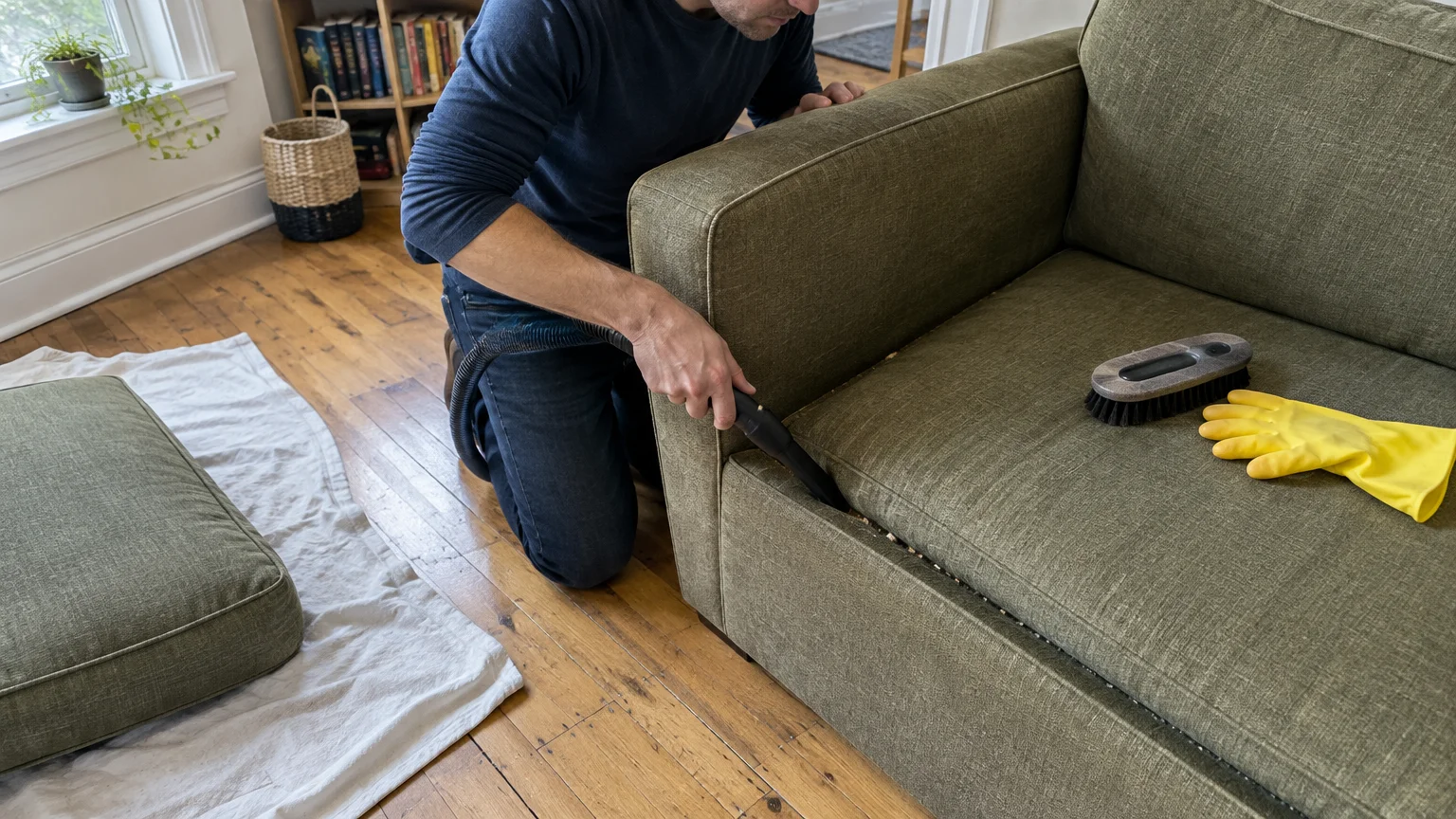 A person kneels on a wood floor and uses a vacuum crevice tool along the edge of an olive green armchair cushion.