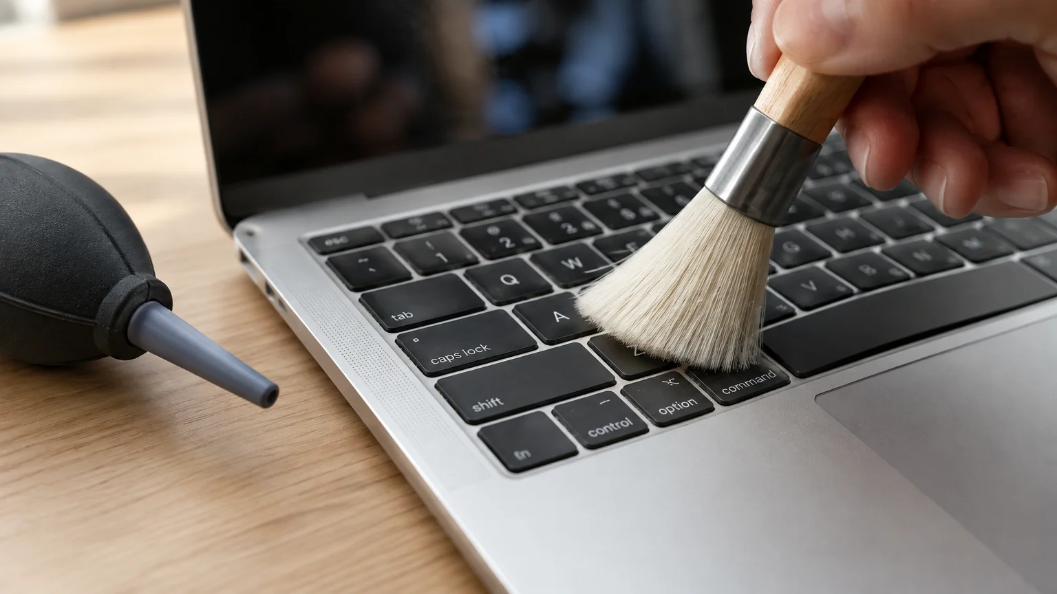 A hand sweeps a small, soft-bristled brush across an open laptop keyboard next to a rubber air blower bulb.