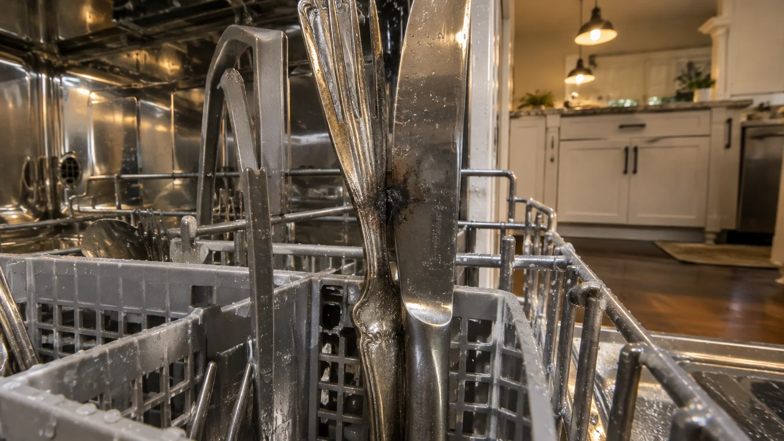 A tarnished silver fork touching a stainless steel knife inside a dishwasher cutlery basket with dark corrosion spots.