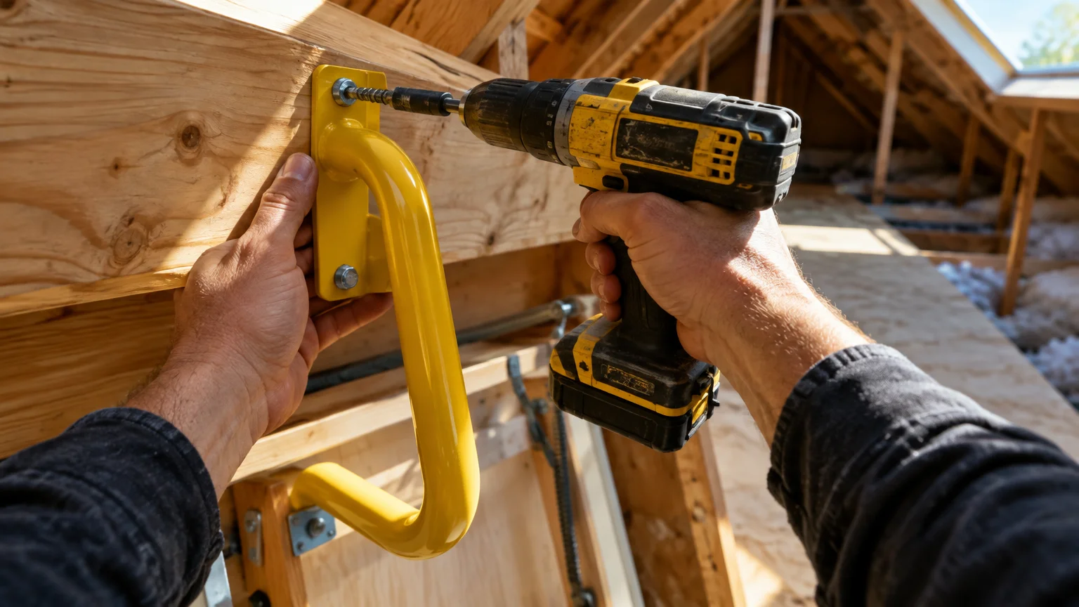 Hands using a cordless power drill to screw a yellow metal grab handle onto wooden framing near an attic hatch.