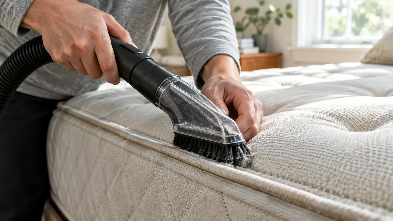 A person using a handheld brush vacuum attachment along the edge seam of a tufted mattress.