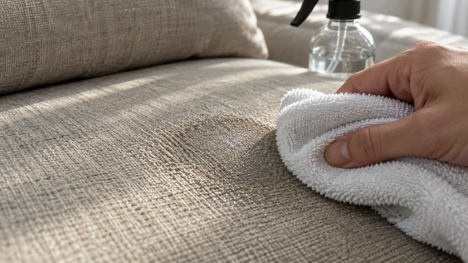 A person dabbing a damp spot on a textured beige fabric sofa using a white microfiber towel near a spray bottle.