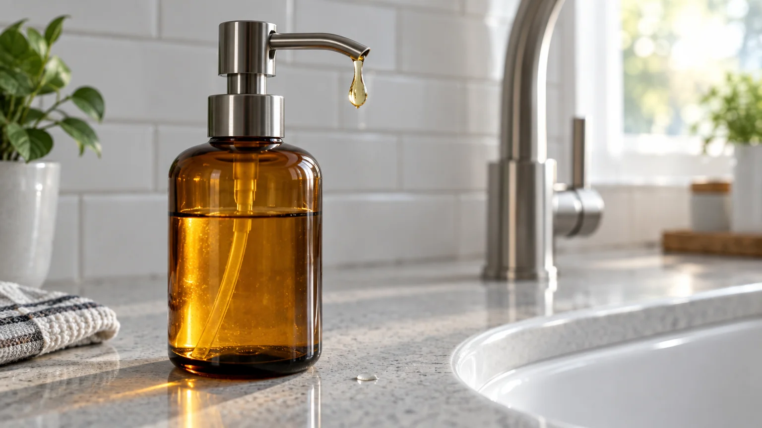 Amber glass soap dispenser with a metal pump dripping soap onto a granite countertop next to a kitchen sink.