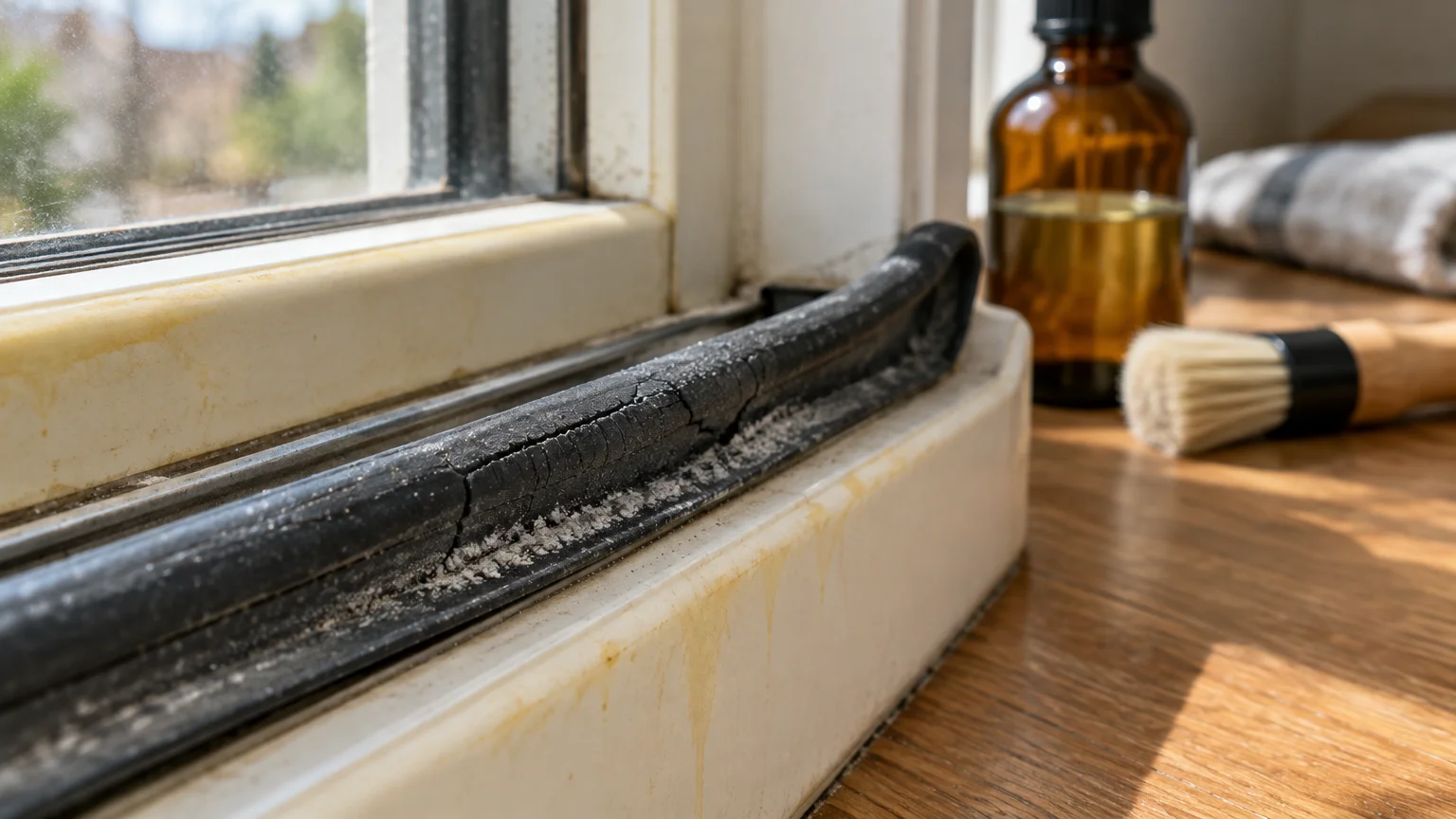 Close-up of cracked, brittle black window gasket lining a yellowed vinyl track with a cleaning brush nearby.