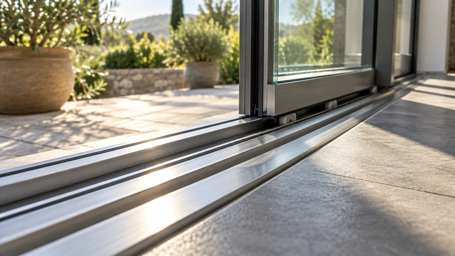 Close-up of clean metal sliding glass door tracks set into the floor leading out to a sunny patio.