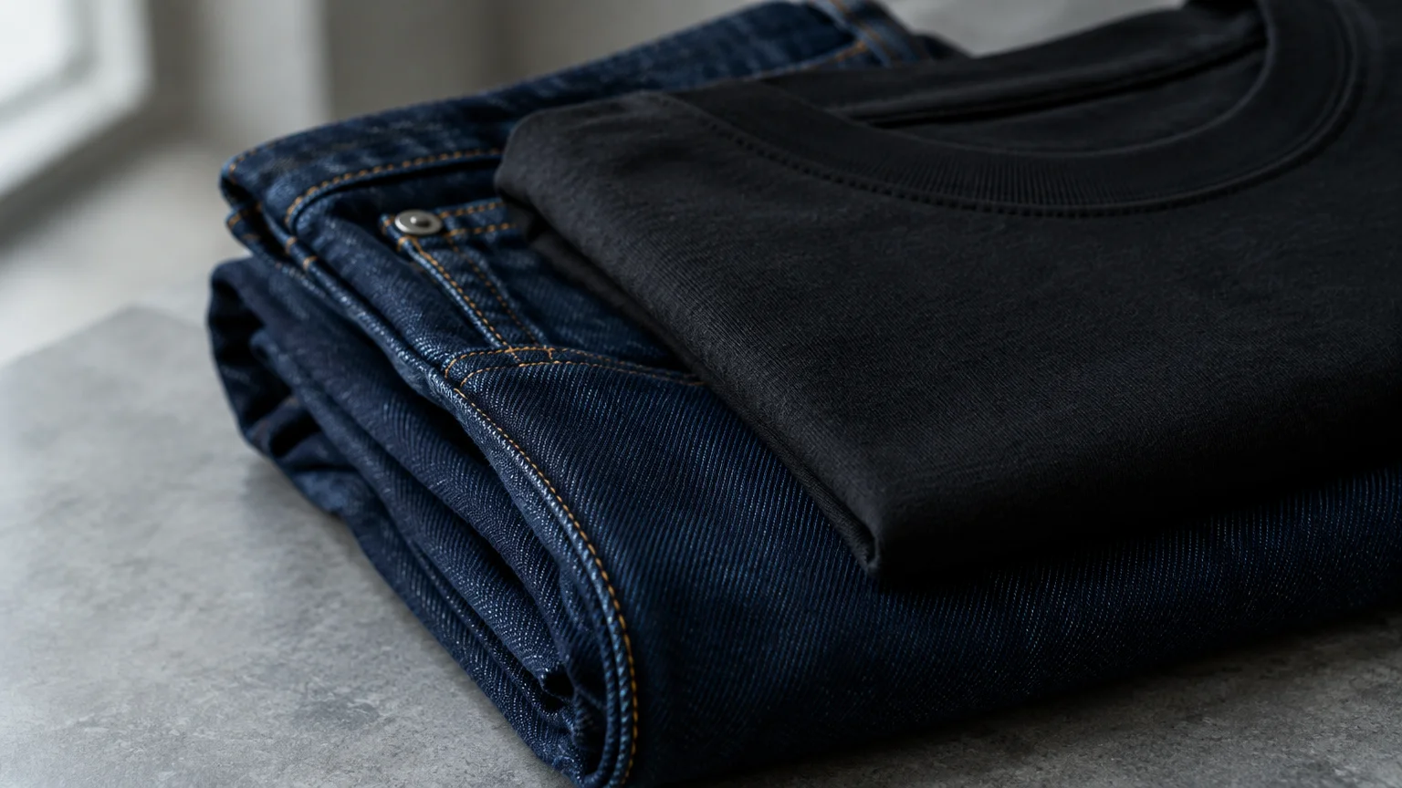 A folded black t-shirt resting on top of neatly folded dark blue denim jeans on a gray countertop.