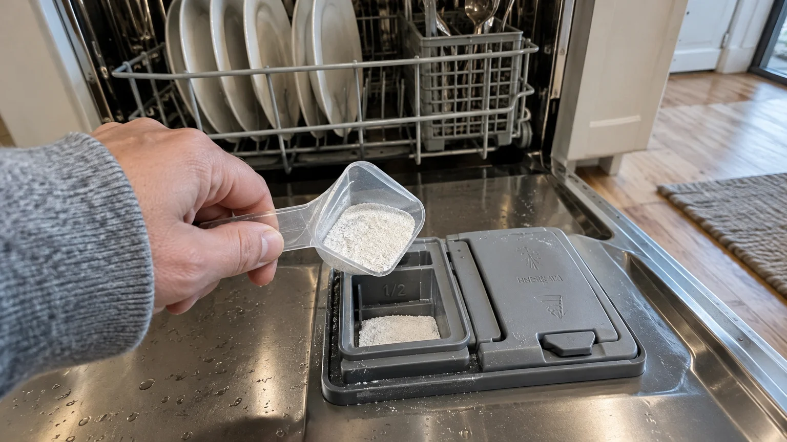A hand holding a plastic scoop of powdered detergent over an open dishwasher dispenser compartment.
