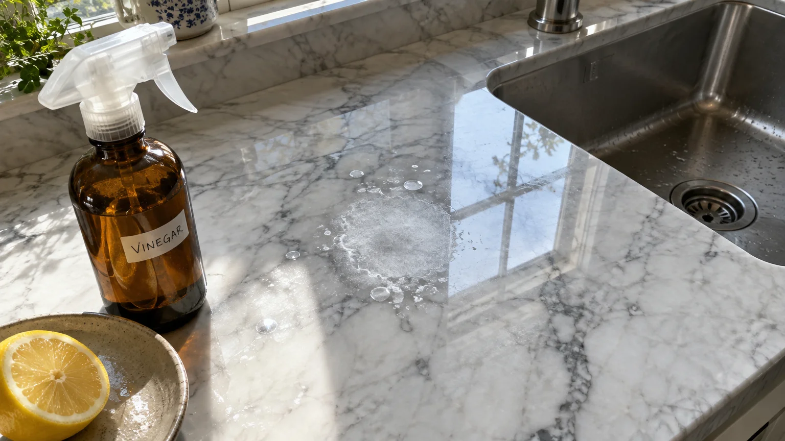 A spray bottle labeled vinegar and a lemon slice beside a dull, etched ring on a polished marble countertop.