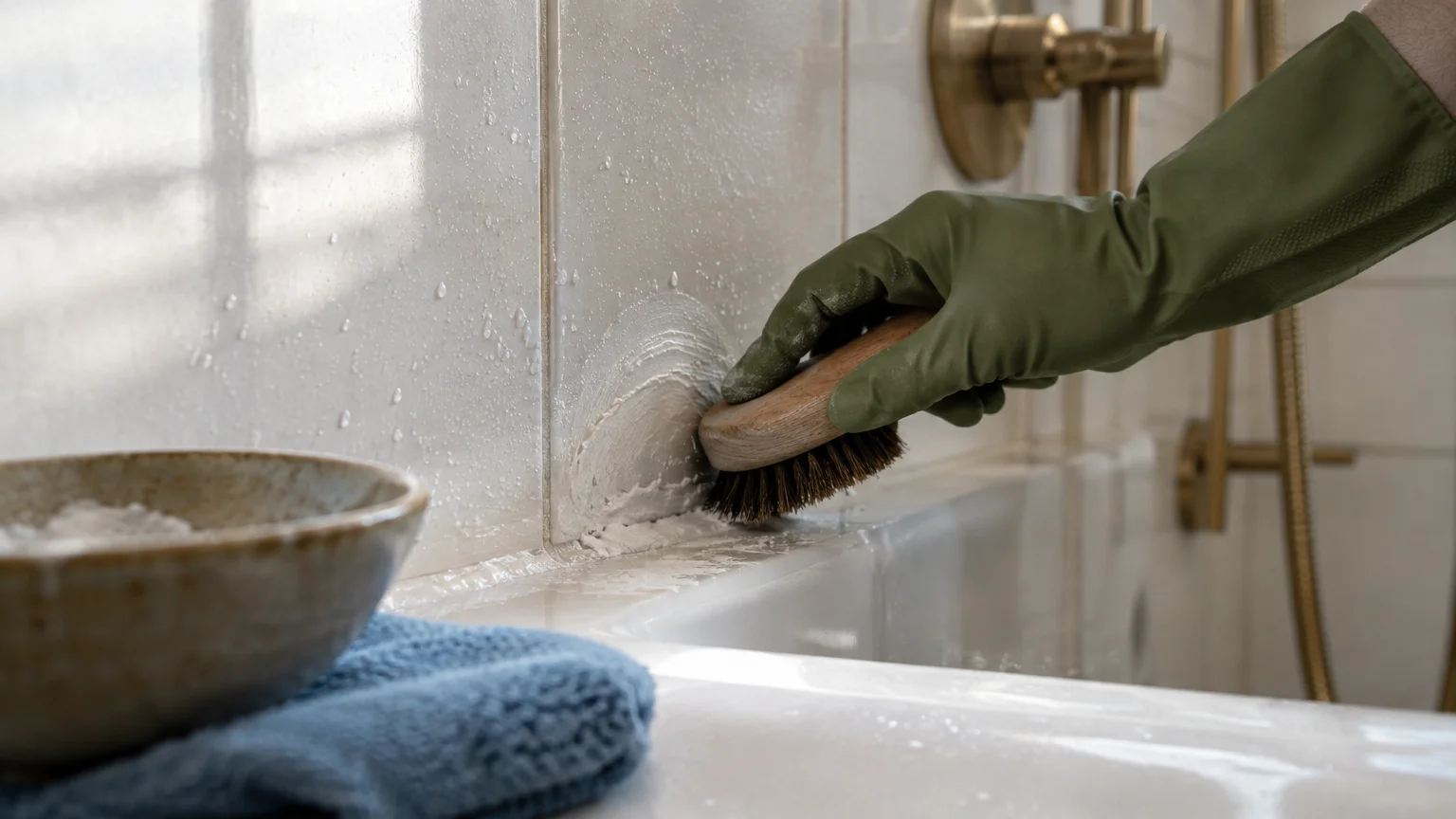 A gloved hand scrubs a baking soda paste into bathroom tile grout using a wooden bristle brush near a bathtub.