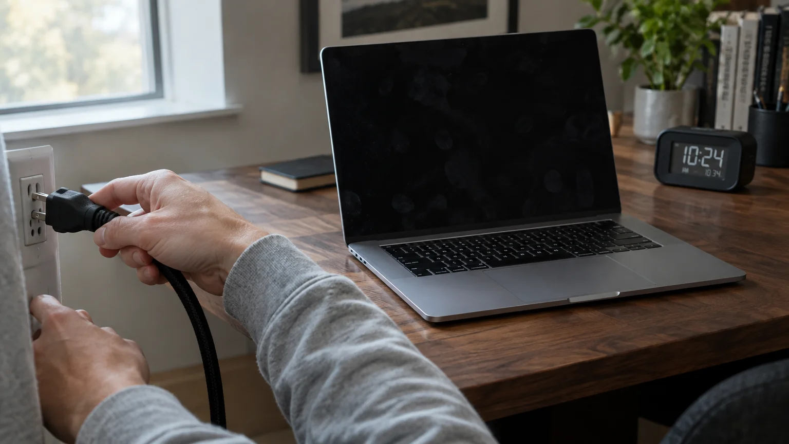 A person unplugging a black power cord from a wall outlet beside a wooden desk with an open laptop.