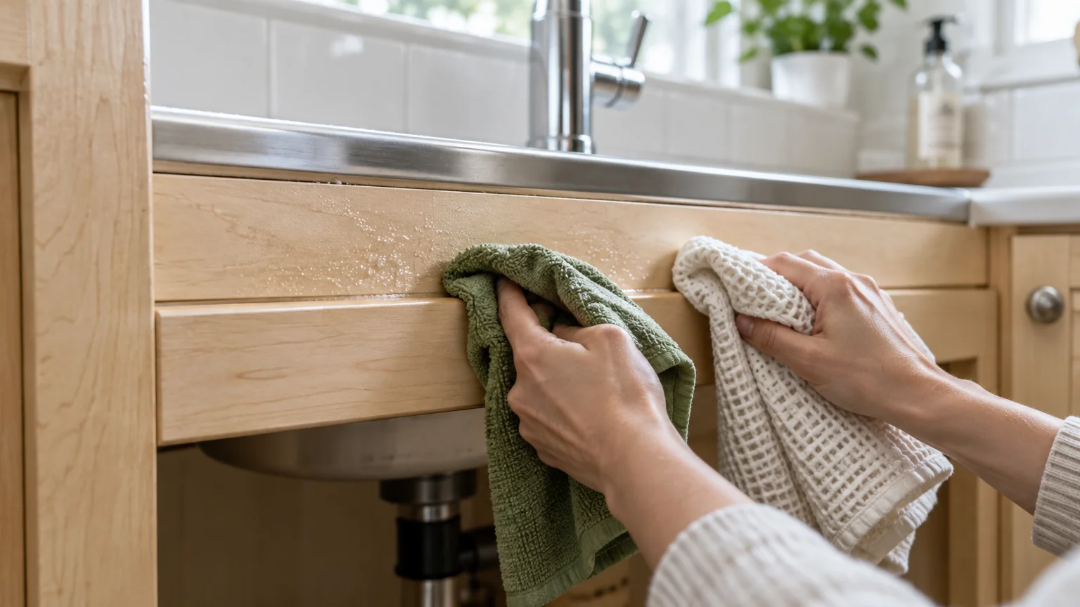 Hands wiping a light wood cabinet frame beneath a sink using a green cloth and a white waffle-weave towel.