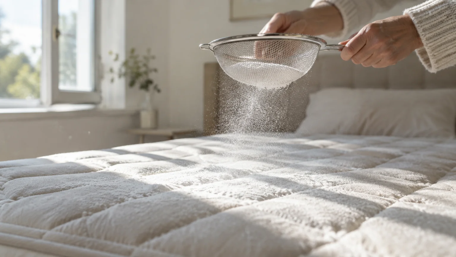 Hands sifting white baking soda through a metal mesh strainer onto a quilted mattress in a sunlit bedroom.