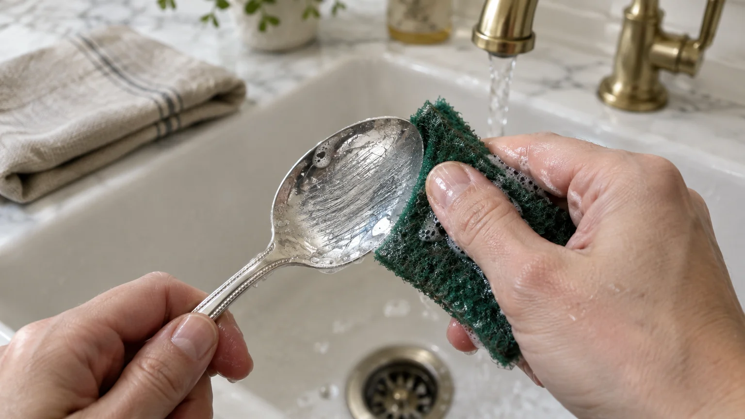 Hands scrubbing a severely scratched silver spoon with a green abrasive pad over a kitchen sink.