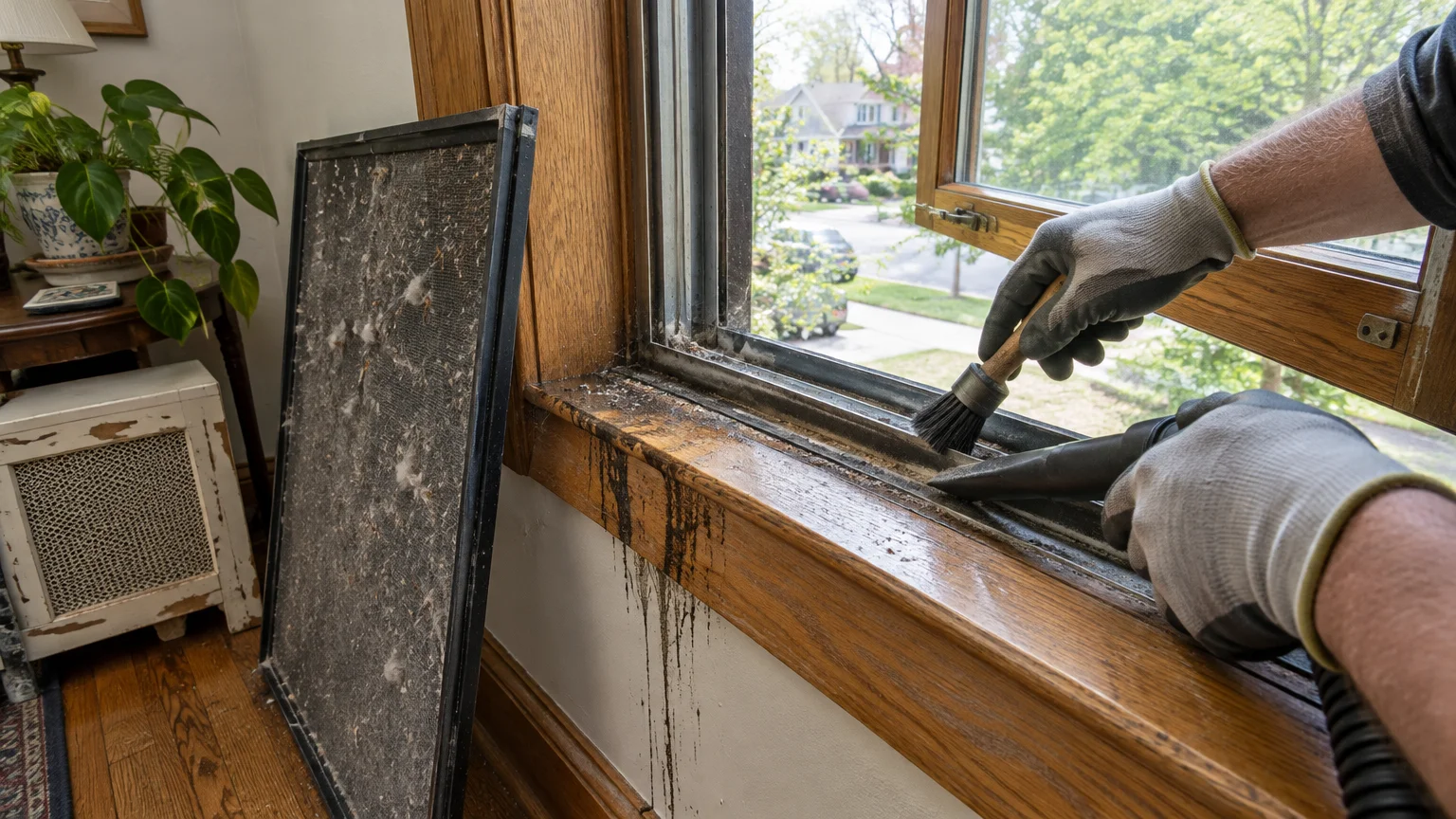 Gloved hands vacuuming and brushing dirt from an open wooden window frame next to a dirty window screen.