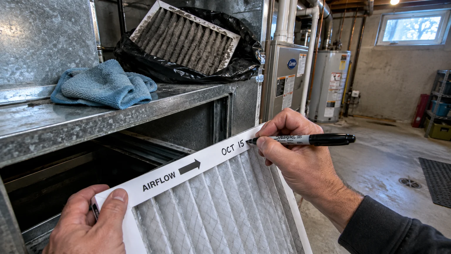 A person writing the date on a clean furnace air filter beside a dirty, dust-covered filter in a basement.