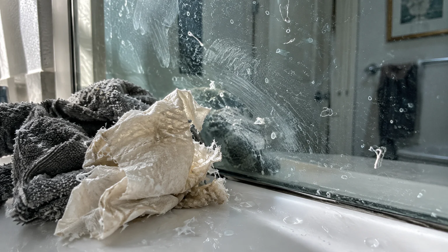 Torn paper towel and folded cloth rag resting on a sink counter in front of a streaked bathroom mirror.