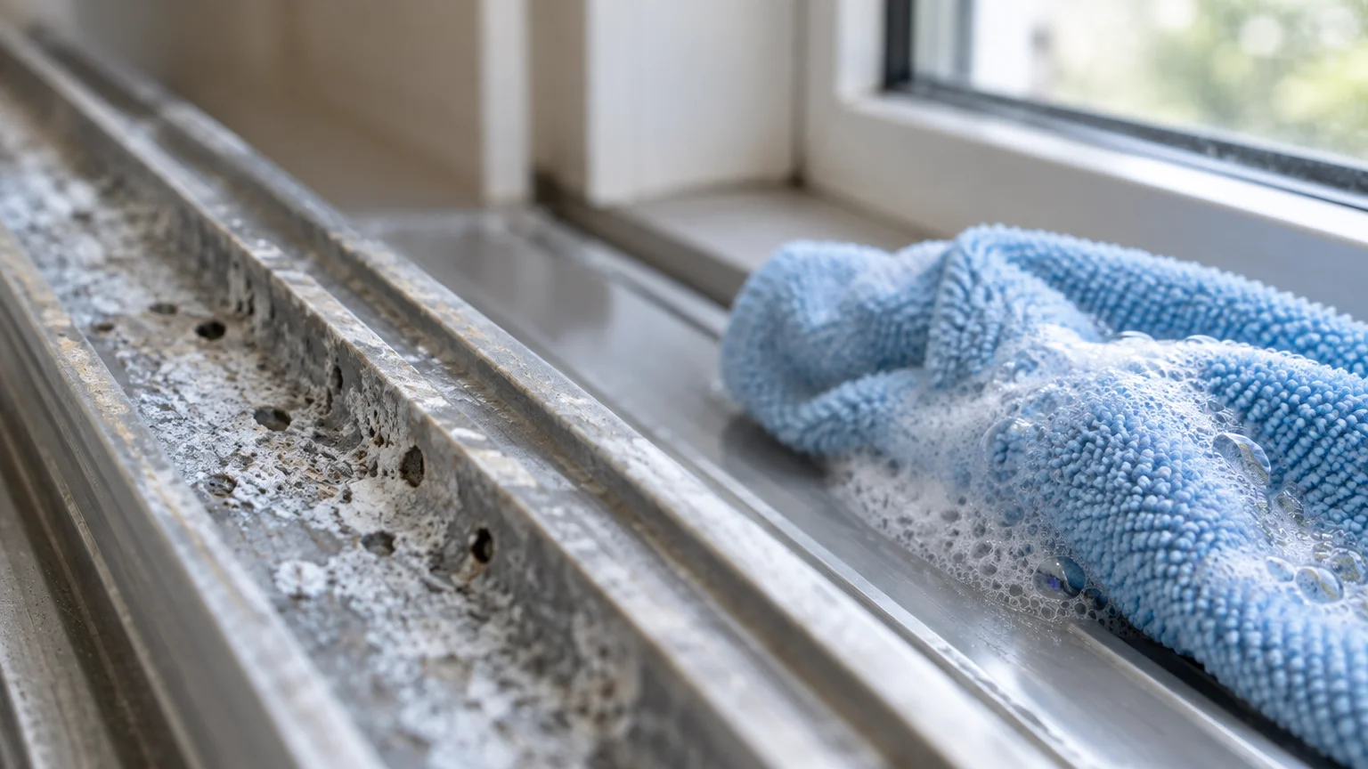 Corroded and pitted metal window track next to a soapy blue microfiber cloth on the window sill.