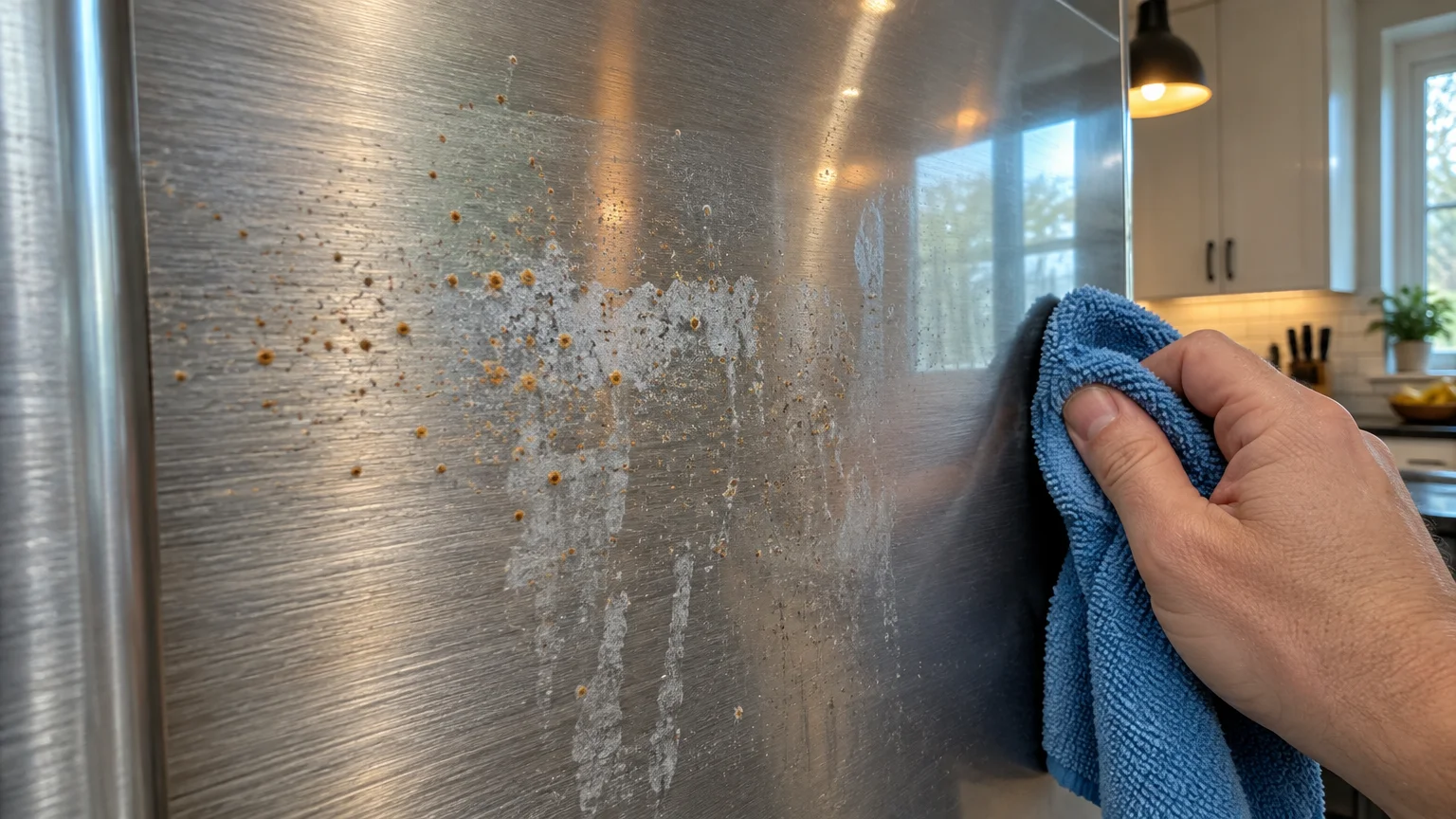 A hand wiping a stainless steel refrigerator door damaged with white streaks and small rust-colored pitting spots.