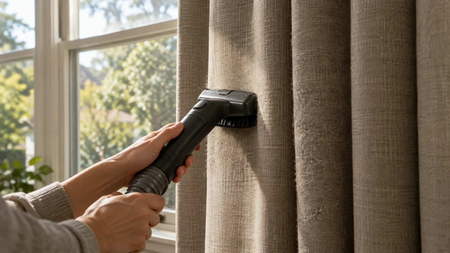 Hands holding a vacuum brush attachment against thick beige fabric curtains hanging beside a window.
