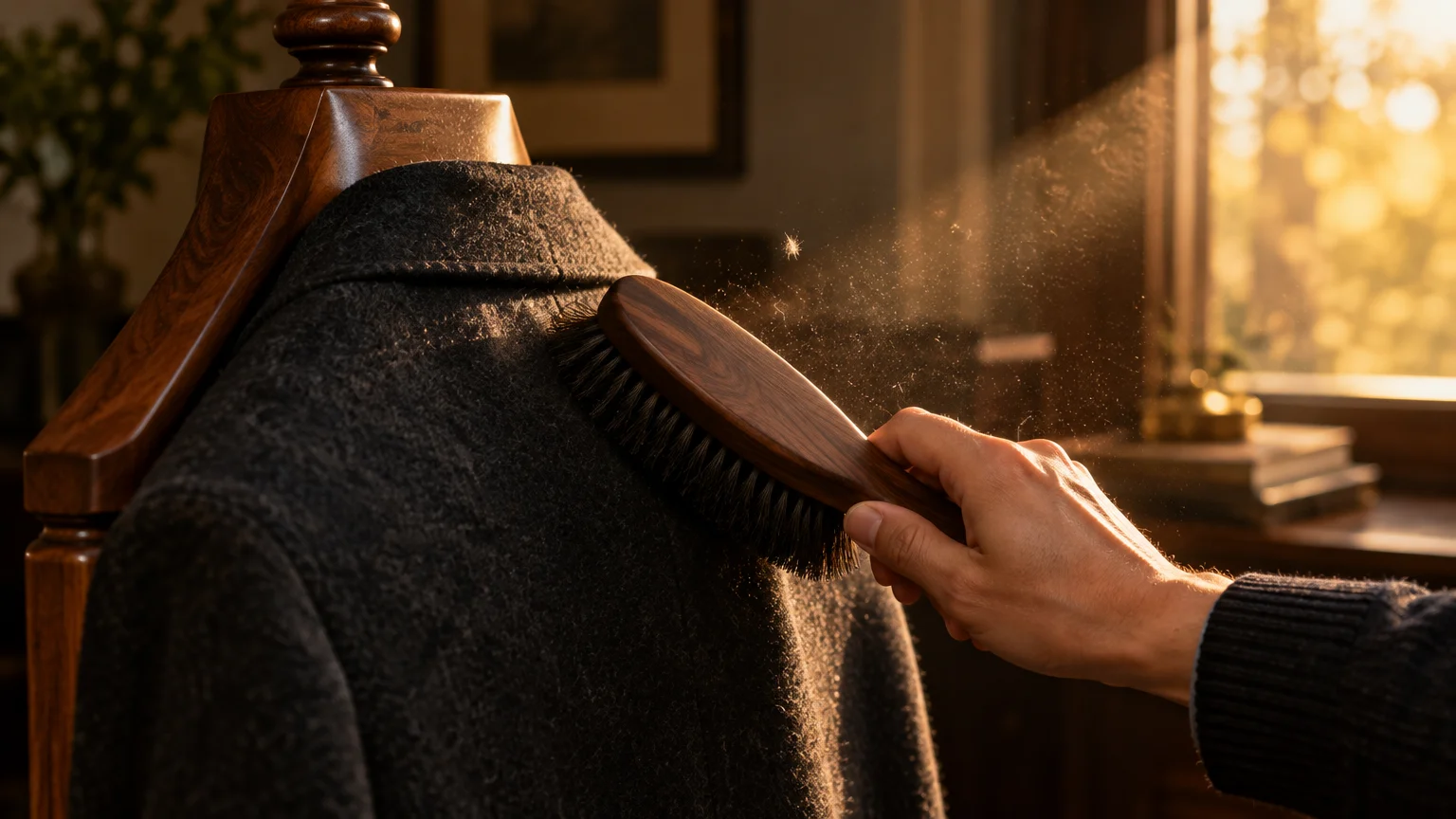 A hand uses a wooden bristle brush to clean a dark wool coat hanging on a wooden stand in sunlight.